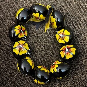 Black Yellow Red Floral Bead Bracelet | Bold Statement | Hand-Painted Flower